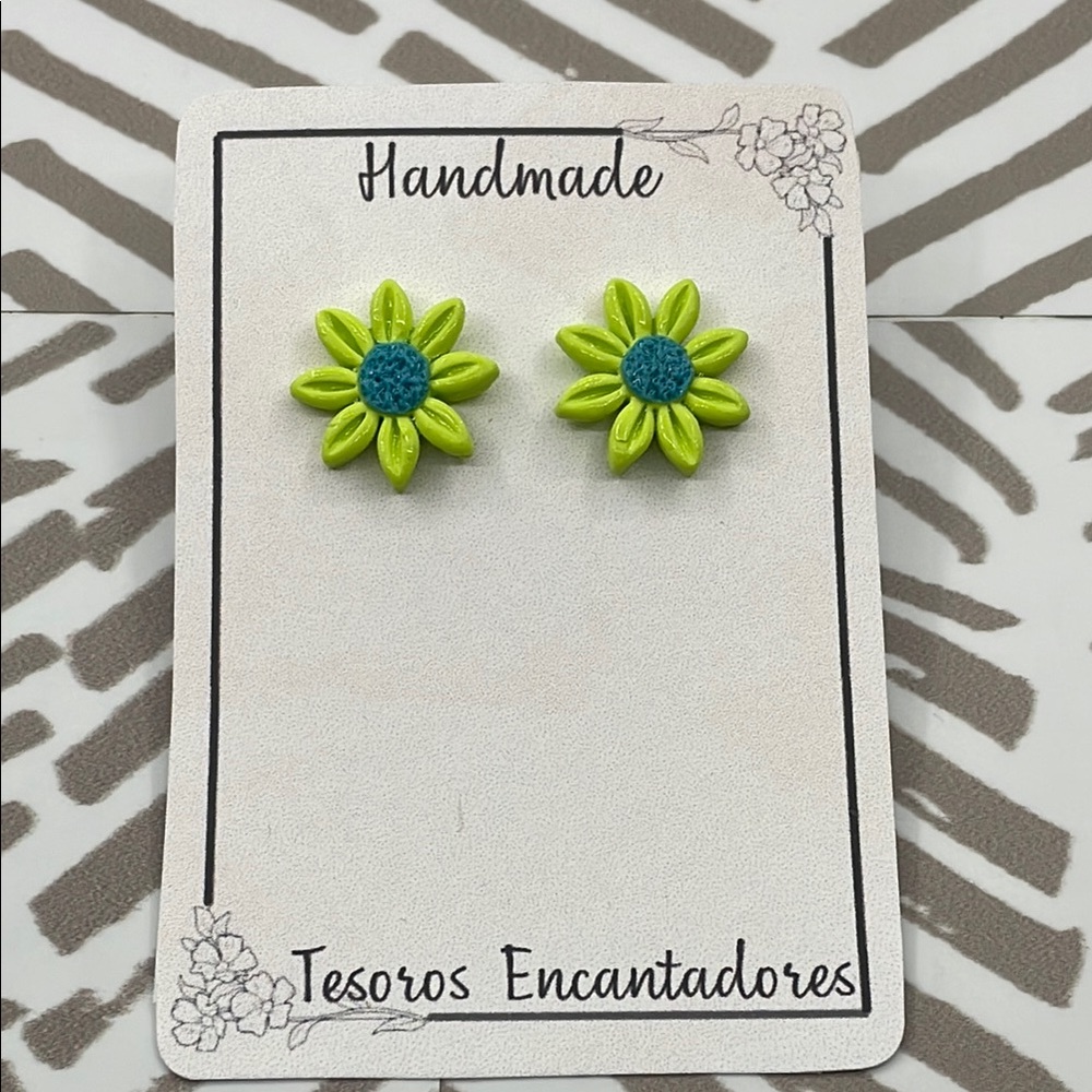 Handmade Green and Blue Flower Earrings